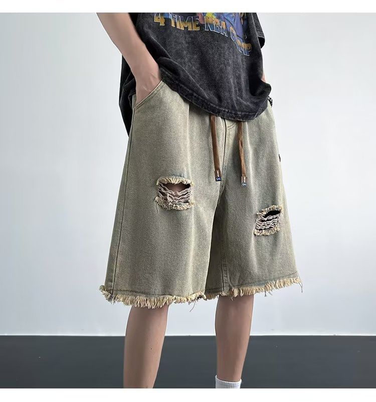 Femilina - Mid Rise Washed Distressed Denim Shorts