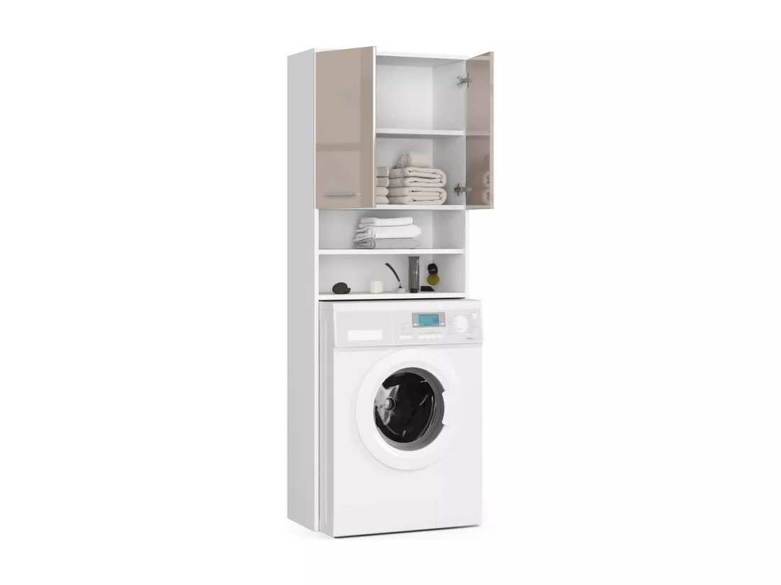 meuble machine a laver 2 portes façade cappucino brillant 4 étagères 64x30x180 cm