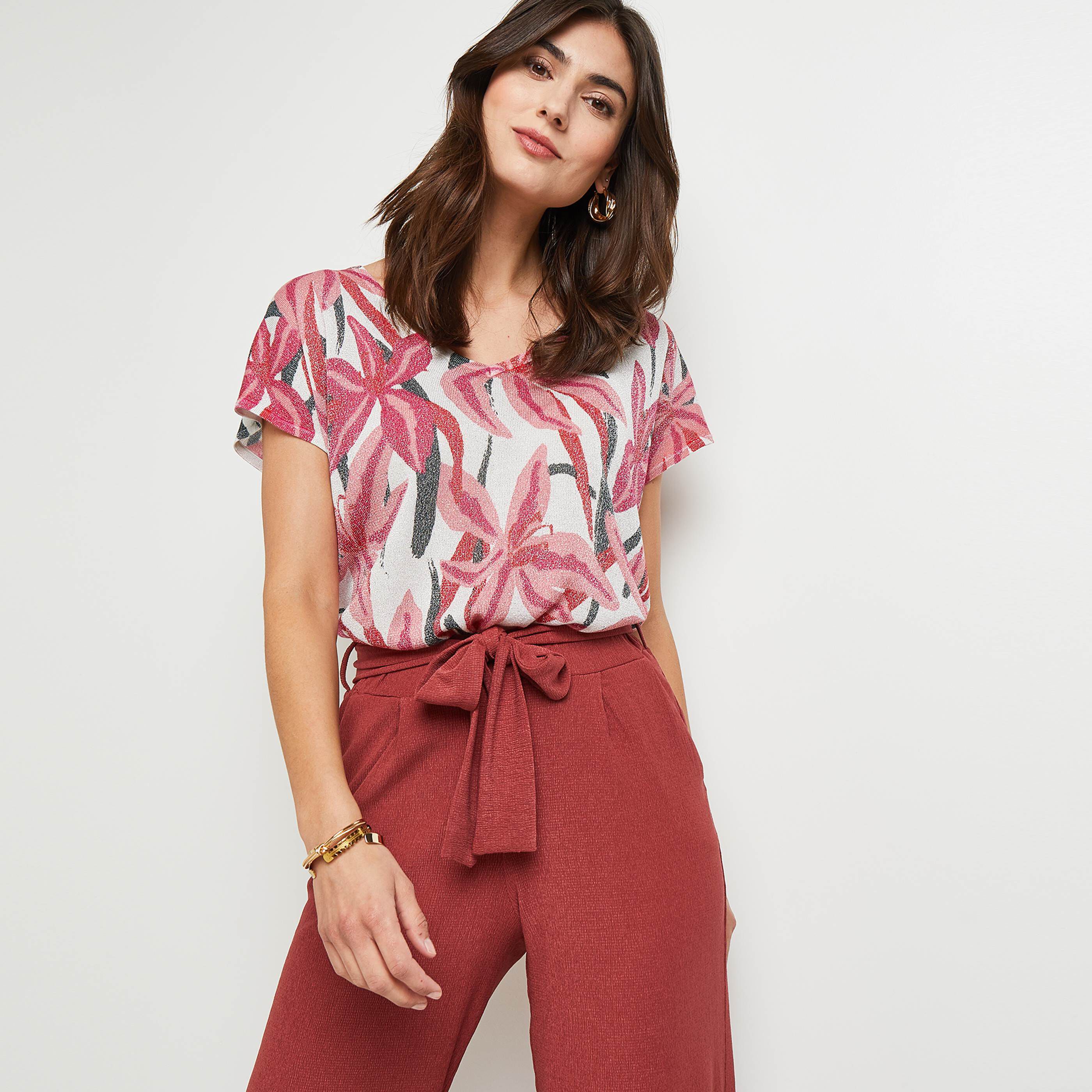 Pull lurex imprimé femme - FUSHIA