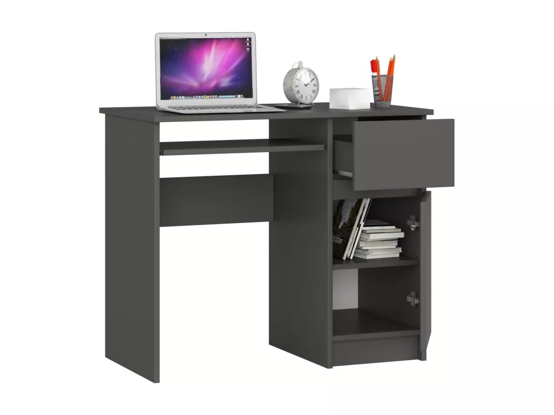 Bureau d'ordinateur AKORD droit PIKSEL Gris Graphite 90 cm 1 porte 1 tiroir façade Gris Graphite 3 étagères 90x50x77 cm