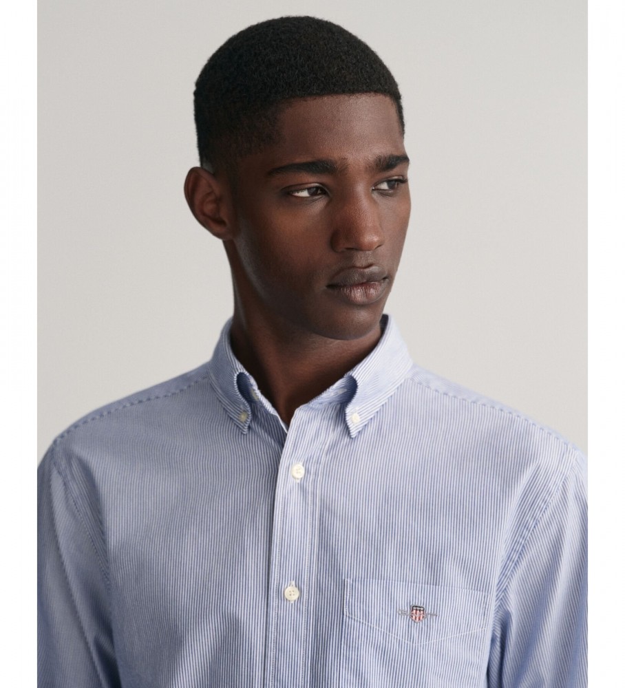 Camisa Gant Regular Fit Popeline com Listras Estilo Banqueiro Azul