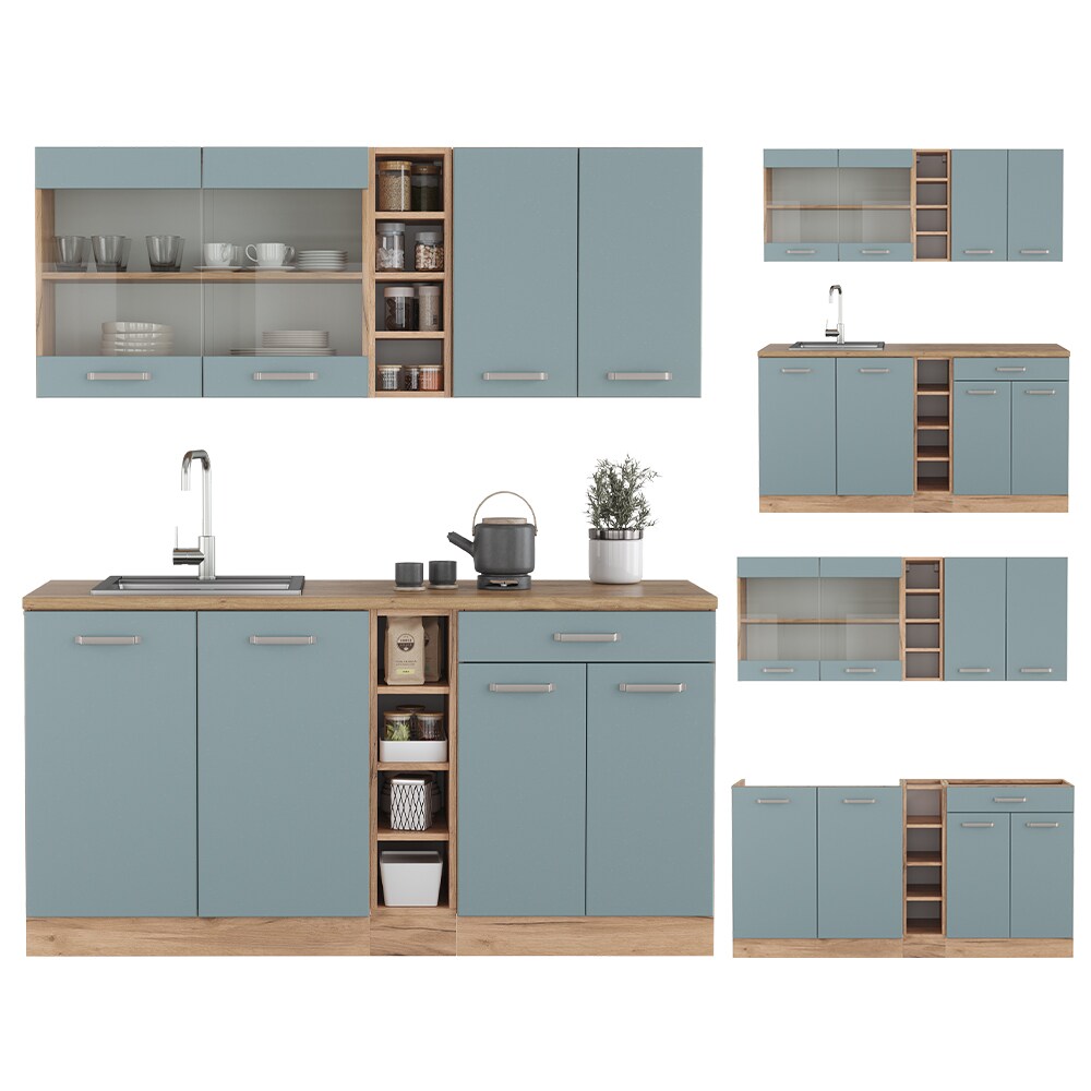 Vicco Küchenzeile R-Line Solid Eiche Blau Grau 160 cm modern Küchenschränke Küchenmöbel