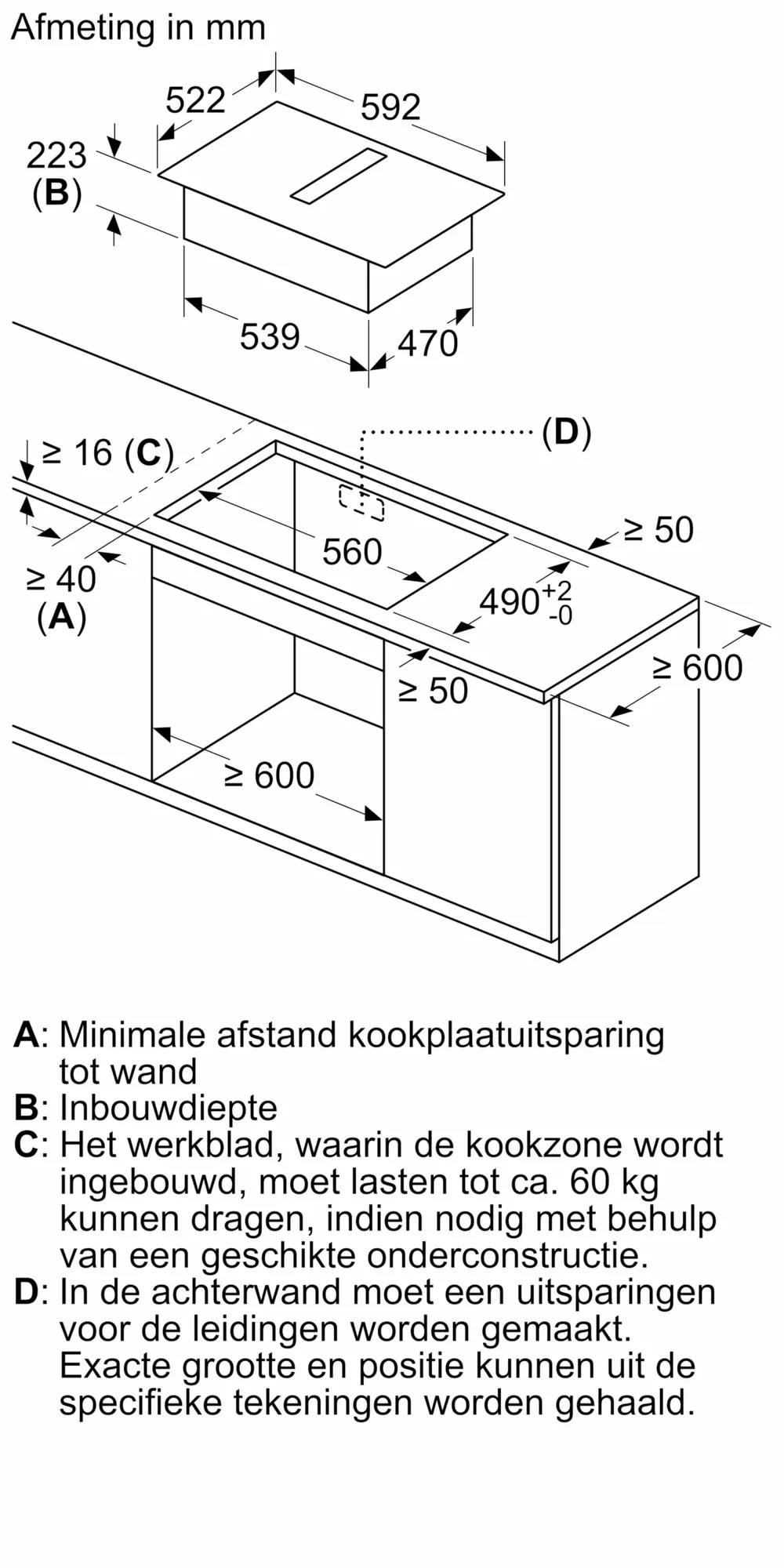 Serie 4 Inductiekookplaat met afzuiging 60 cm opbouwmontage zonder rand