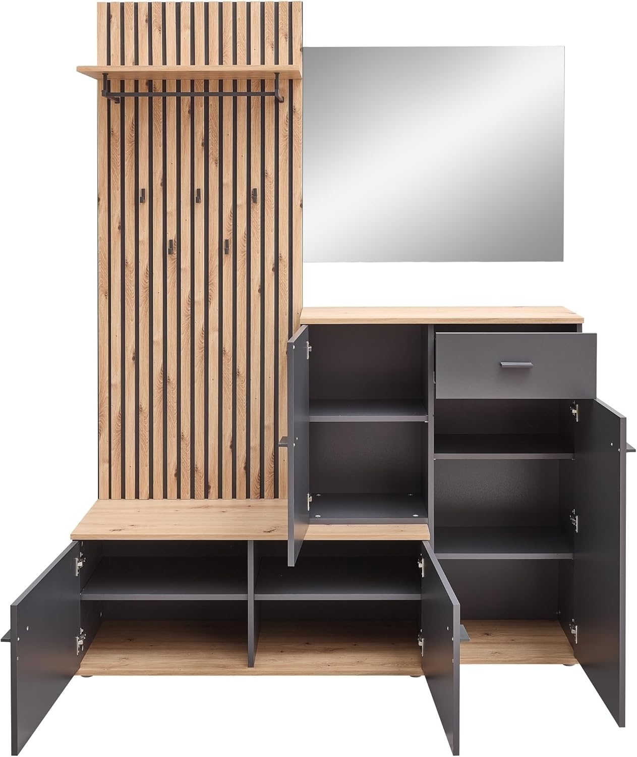 möbelando Kompaktgarderobe >Fynn< modern mit Spiegel, Schuhkommode, Bank & Paneel in Anthrazit/Artisan ? Stellmaß B/H/T: 223x199x38 cm, Melamin, Lamellenoptik, zerlegt geliefert