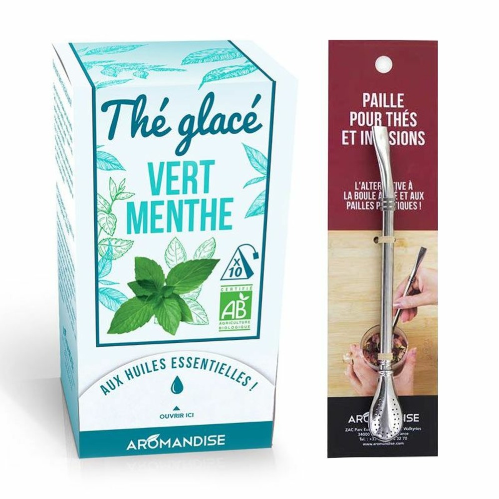 Thé vert glacé à la menthe bio + paille inox avec filtre