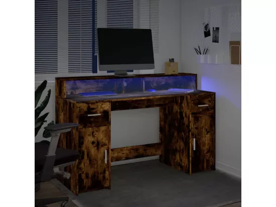 Bureau et lumières LED chêne fumé 140x55x91cm bois d'ingénierie