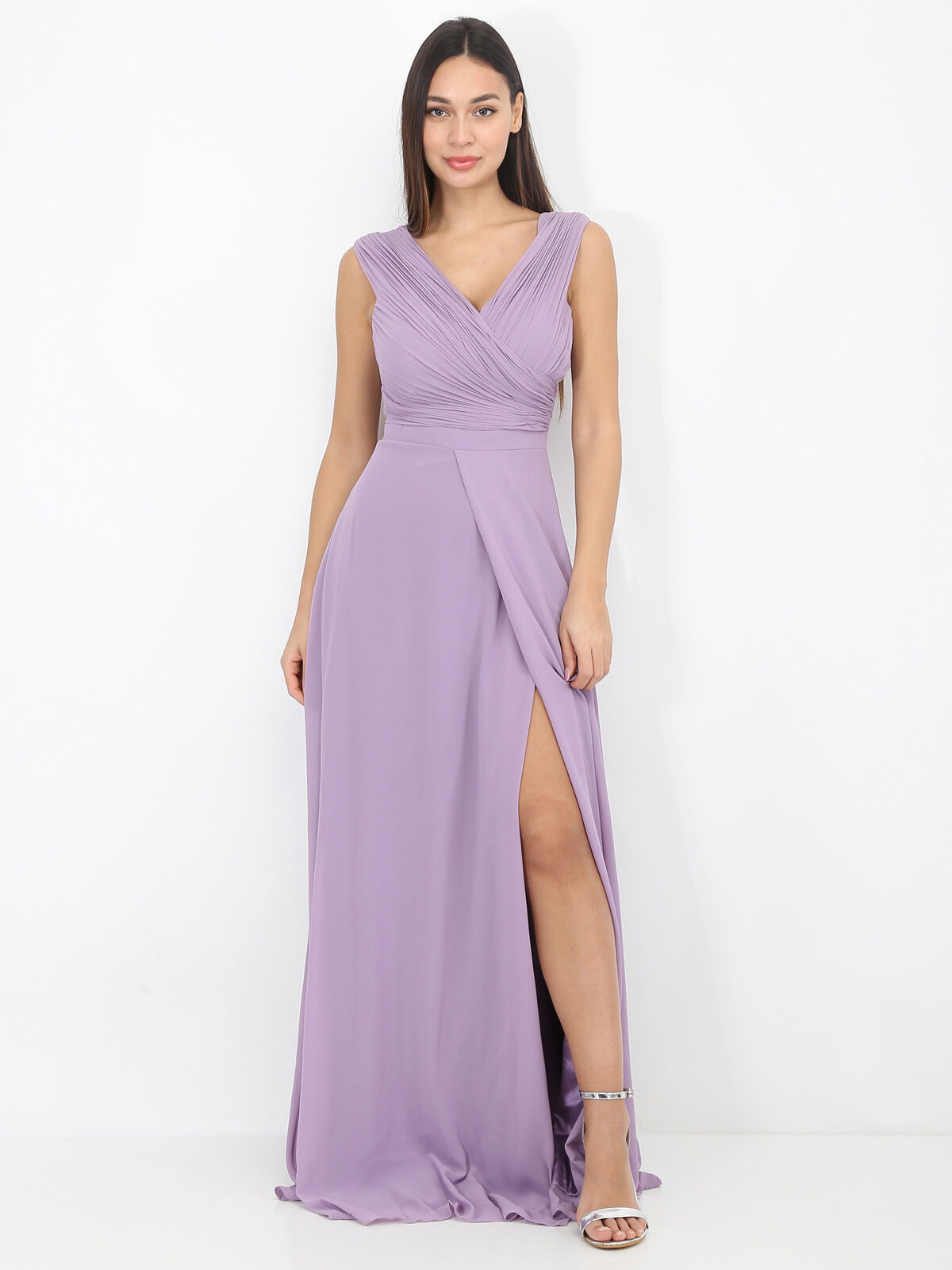 Robe longue drapée avec fente- Violet clair