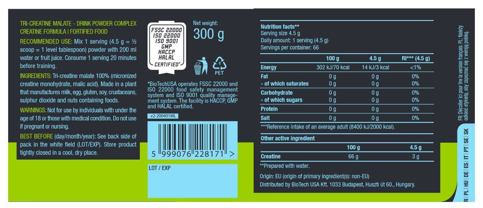 Biotech USA Tri-creatina malato 300g