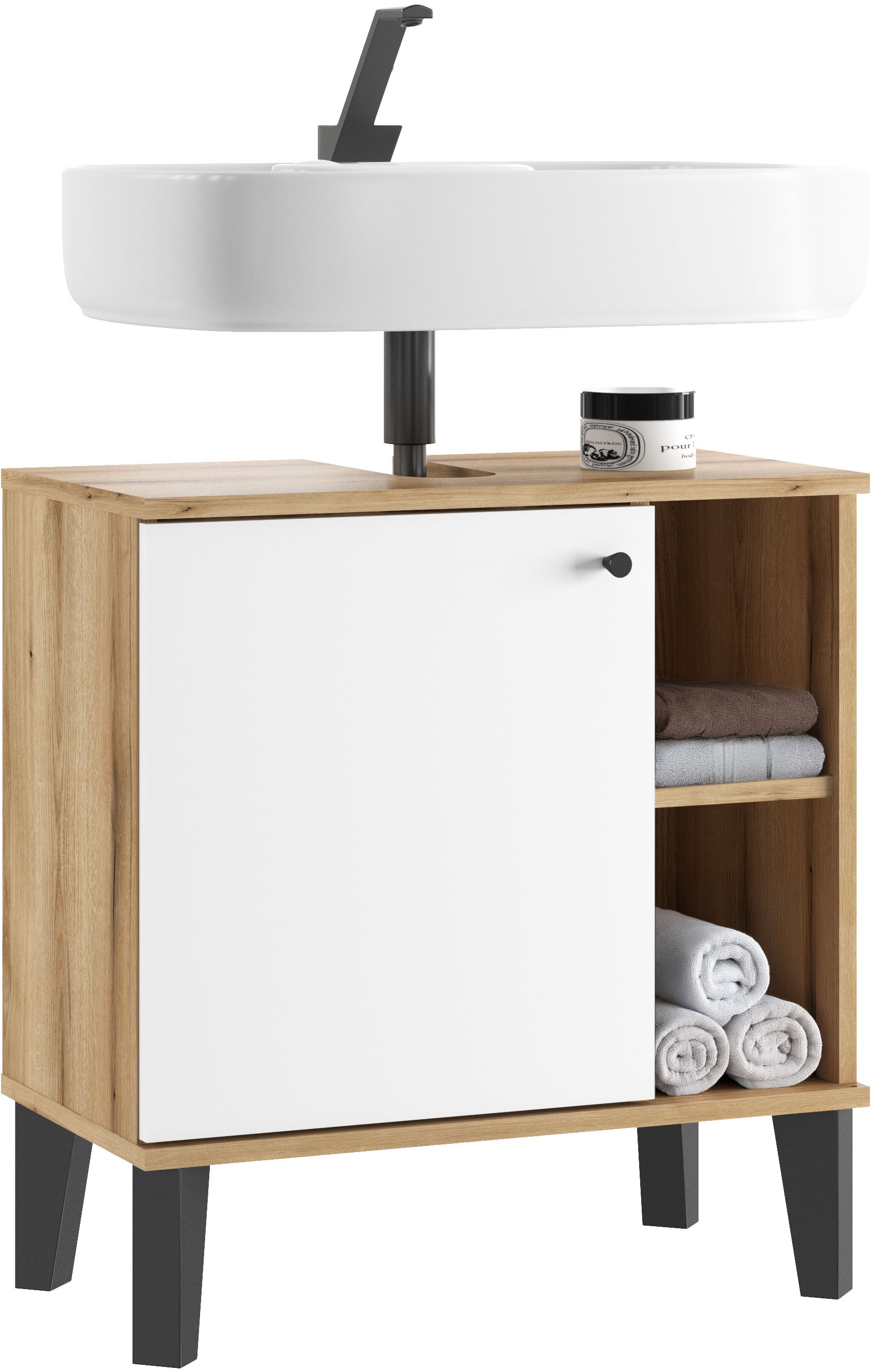 INOSIGN Waschbeckenunterschrank »Oslo, Waschtisch mit Knopfgriff, Badschrank im skandinavischen Design« in der Türfarbe Weiss oder Grau verfügbar, ausreichend Stauraum