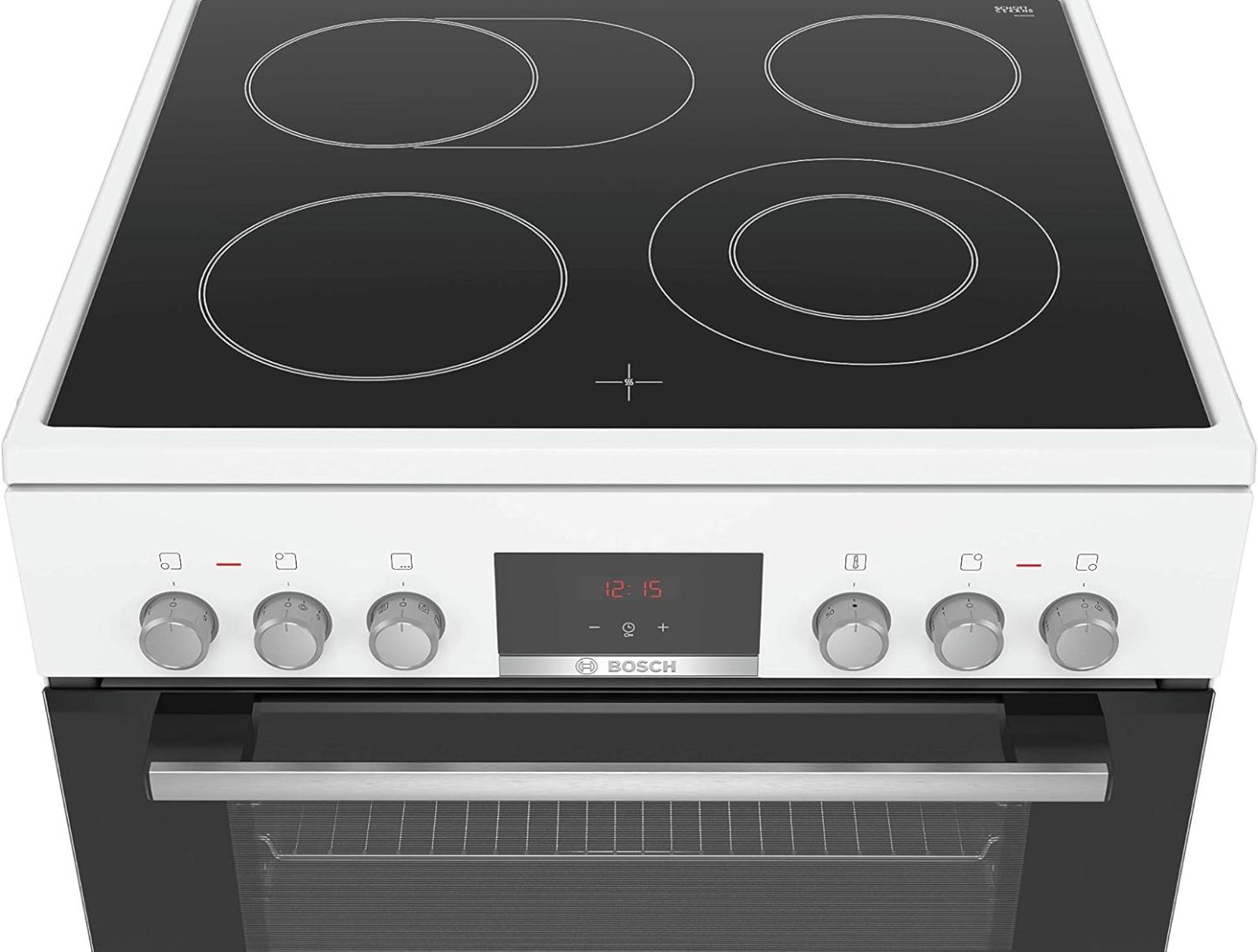Bosch HKR39C250 Serie 4 Elektro-Standherd, 60 cm breit, EcoClean Direct Reinigungshilfe, 3D Heißluft Backen auf 3 Ebenen, LED-Display-Steuerung, erweiterbare Kochzone für großes Kochgeschirr