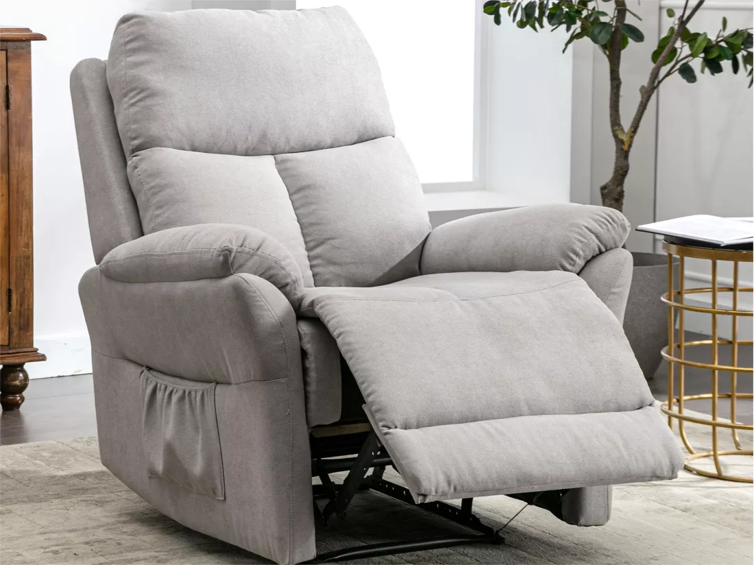 Fauteuil de relaxation en tissu avec repose-pieds pour salon - coloris gris