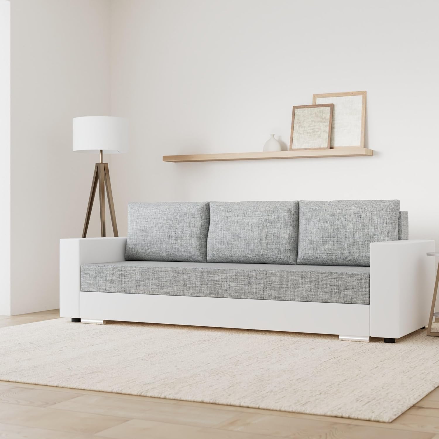 Schlafsofa Bird - Sofa mit Schlaffunktion und Bettkasten, Klappsofa, Schlafcouch mit Chromfüße, Couch, Couchgarnitur, Sofagarnitur (Weiß + Grau (Dolaro 511 + Berlin 01))