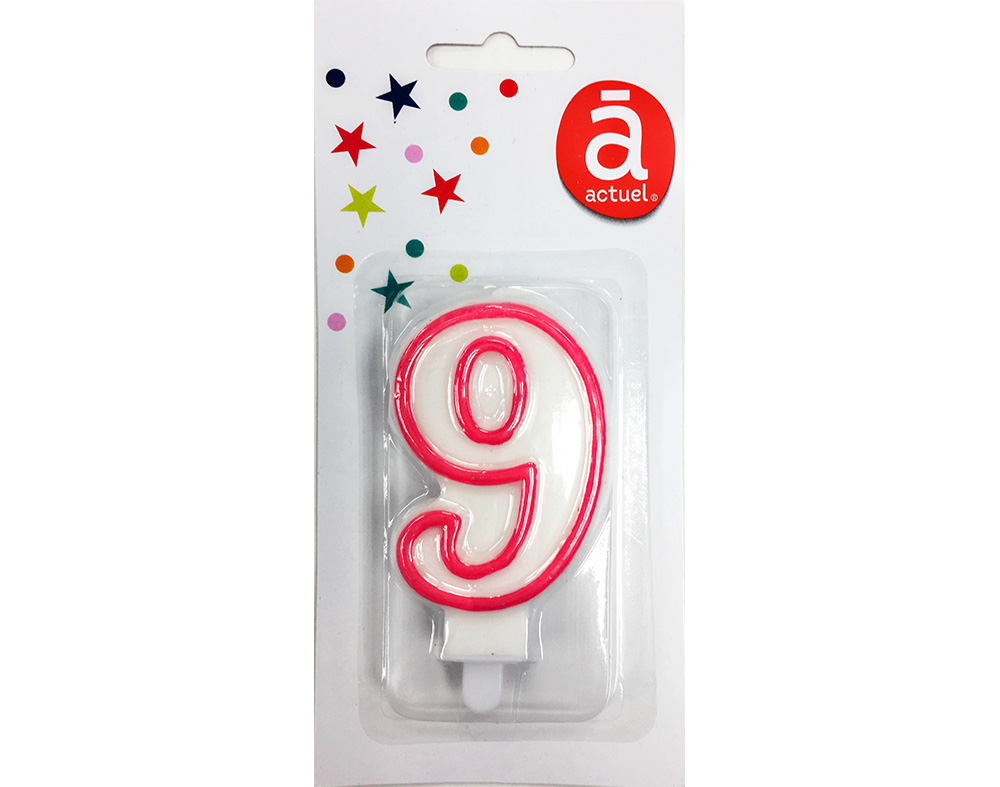 VELA DE ANIVERSÁRIO NÚMERO 9 ACTUEL BRANCO COM REBORDO COLORIDO