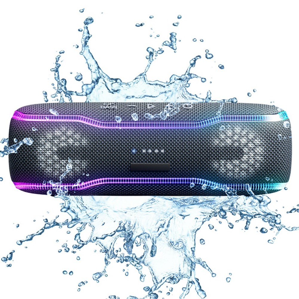 (2500mAh) TWS Bluetooth 5.0 Lautsprecher Wasserdicht (IPX7) Aux / USB-C Anschluss   Handschlaufe mit RGB LED - Schwarz