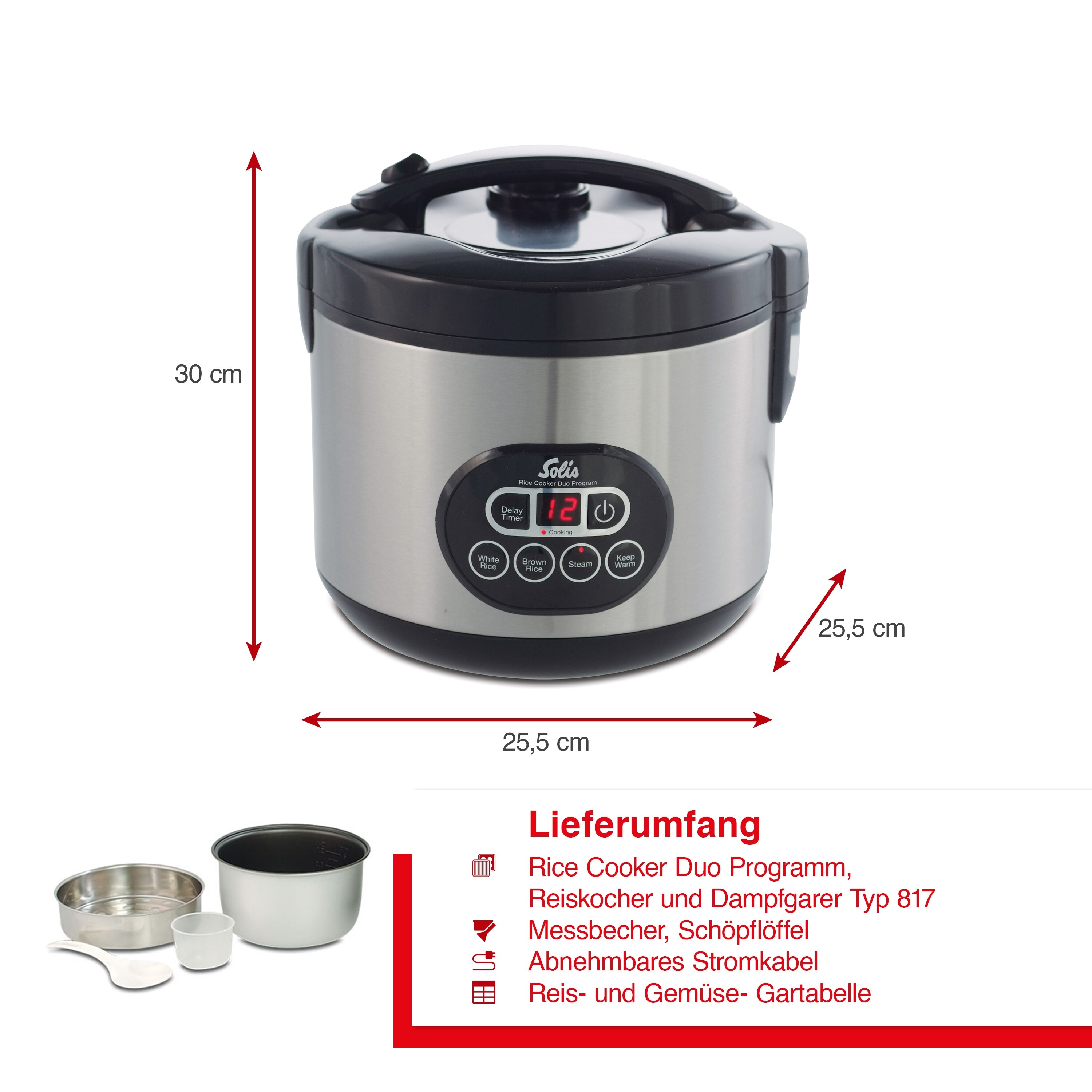 Solis Reiskocher & Dampfgarer 500 W, 1,2L Volumen, Timer, Beschichtung