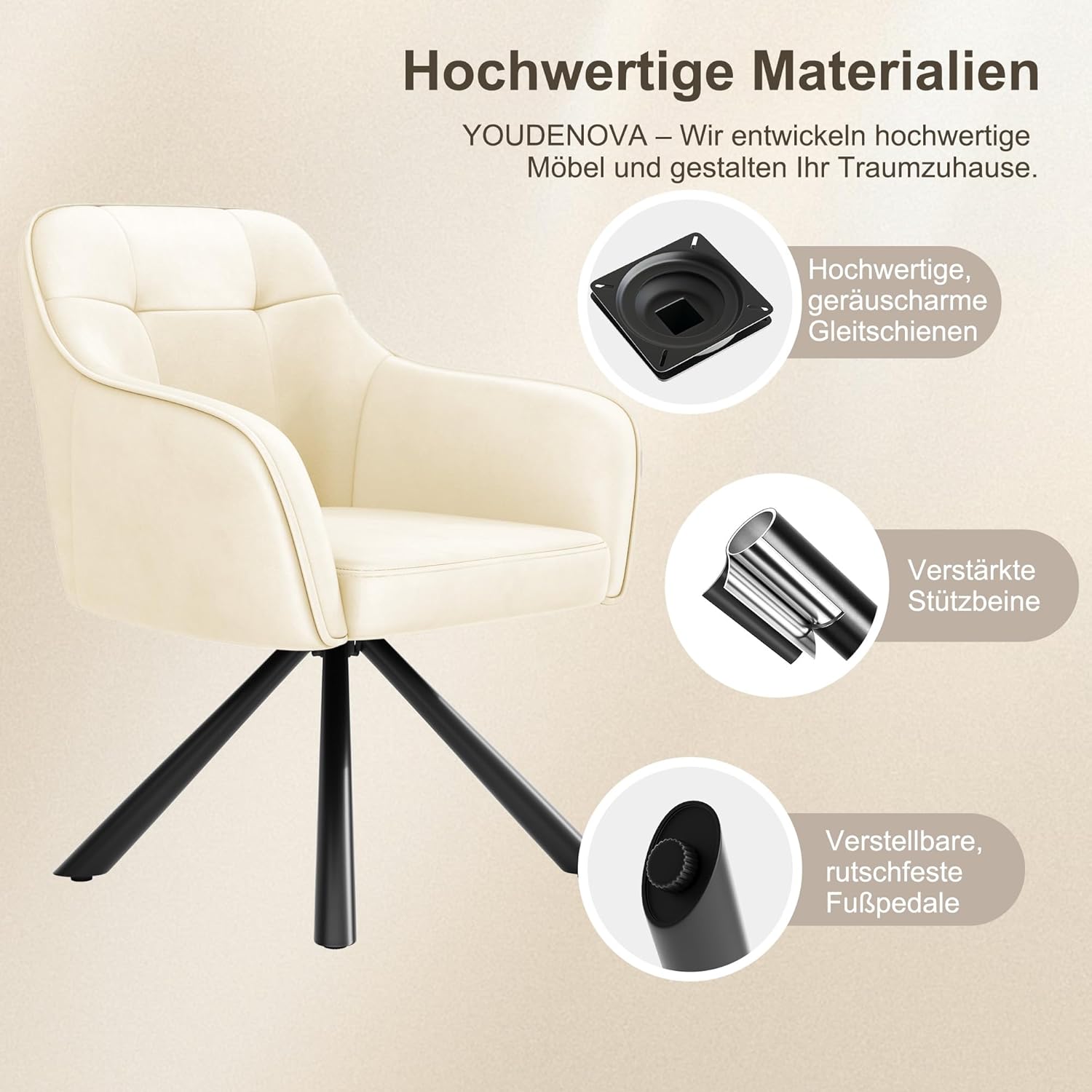 YOUDENOVA Esszimmerstühle 2er Set, 360° Drehbar mit Armlehnen, Samt Polsterstuhl für Esszimmer, Küche, Wohnzimmer & Büro, Stühle Esszimmer Weiß