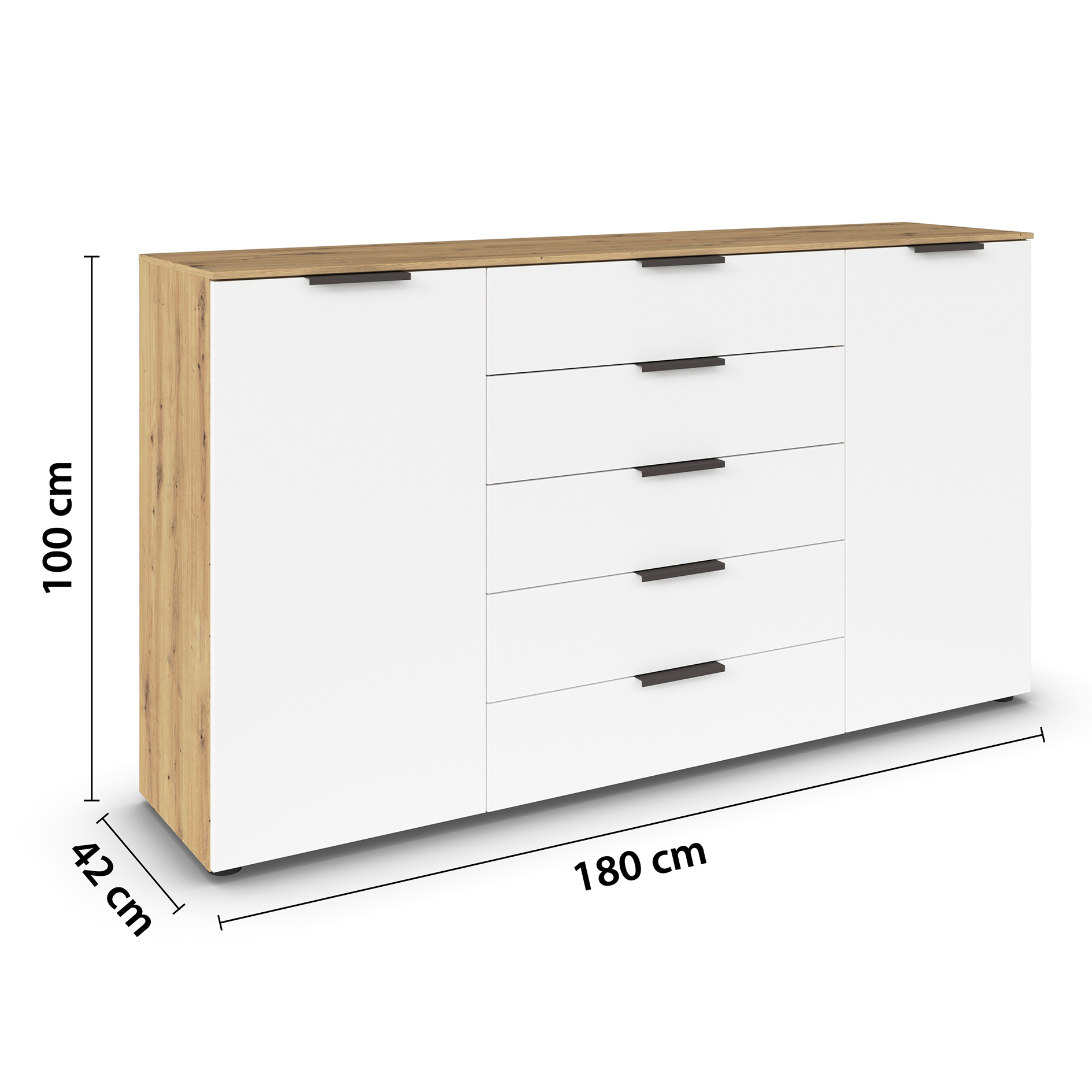 Kommode - Artisan Eiche-alpinweiß - Graphitgriffe - 180 cm