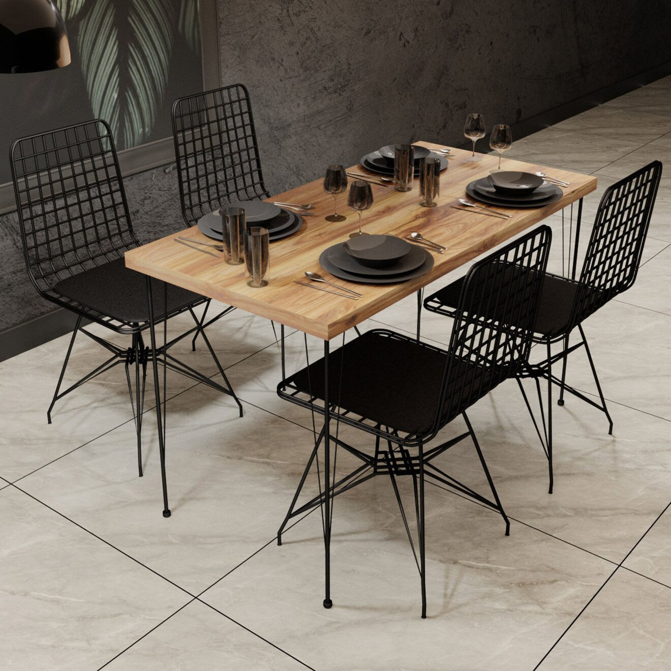 Wooden Art Table & 4 Chaises Nmsymk chêne/noir