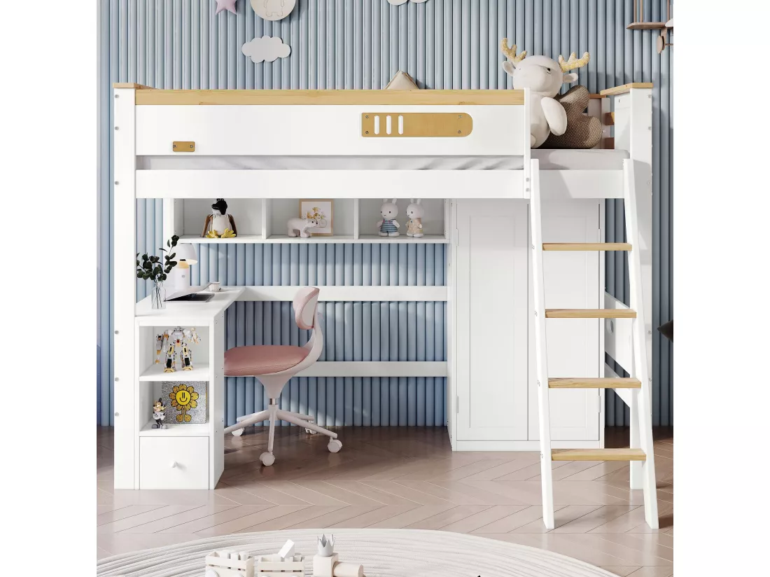 Lit superposé,Lit de maison,Lit d'enfant,avec barrière de sécurité,avec table et armoire,Étagère ouverte,Grand espace de rangement,Avec échelle à quatremarches,Pin+MDF+contreplaqué,Blanc+naturel,90x200cm,Sans matelas