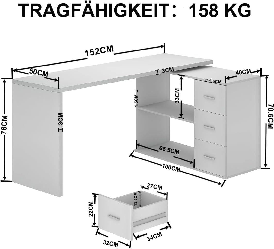 HSH Schreibtisch L Form Modern Eckschreibtisch Computertisch mit 3 Schubladen und 2 Regalen Wendbarer Eckschreibtisch mit Stauraum für Homeoffice Bürotisch Schreibtisch Weiß 140 cm