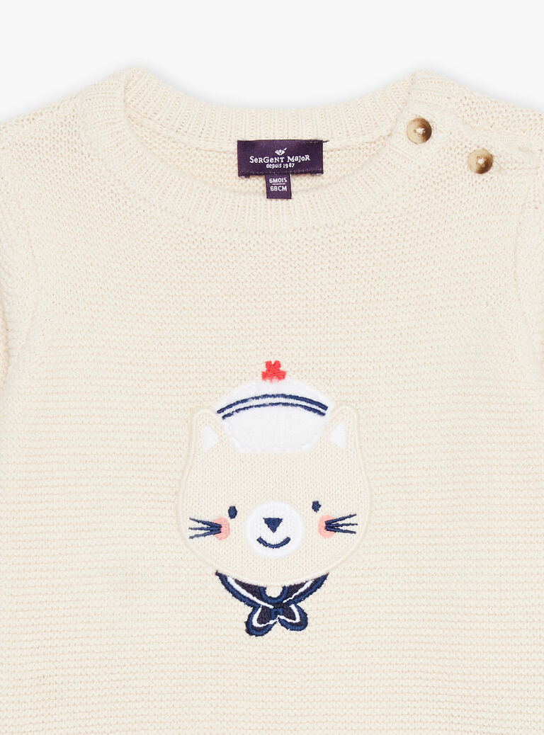 Pull beige chiné en tricot avec chat marin