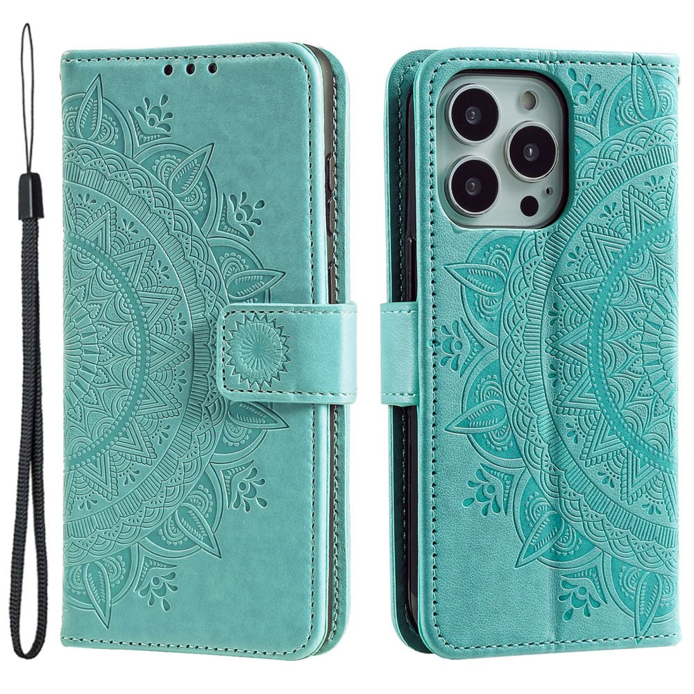 iPhone 15 Pro Leder Tasche Wallet - Mandala Flowers Imprint - Türkis