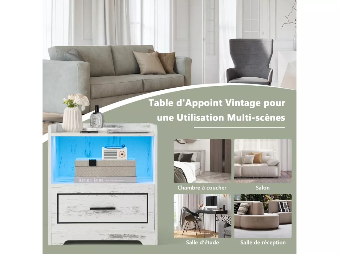 Table de Chevet LED avec port USB et TYPE-C, étagère ouverte et tiroir, 3 Couleurs de Lumière, Capteur Intelligent, 45 x 40 x 50 cm