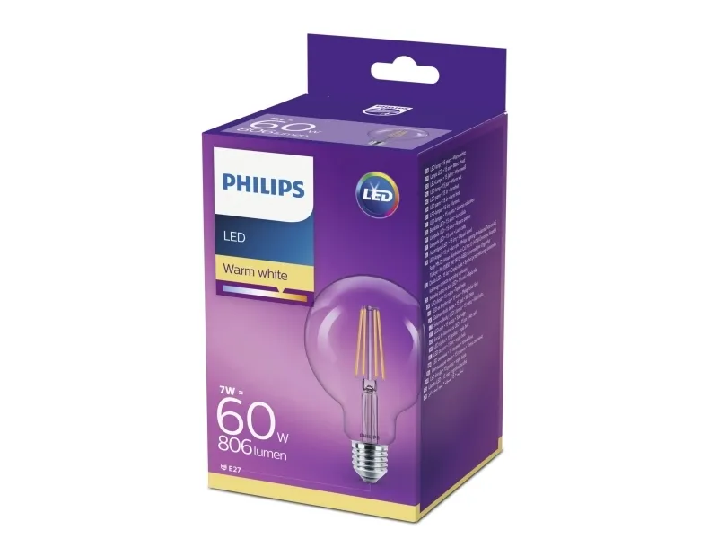 Philips - LED-lyspære - form: kugle - klar finish - E27 - 7 W (tilsvarende 60 W) - klasse A   - varmt hvidt lys - 2700 K