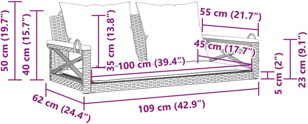 Hollywoodschaukel, Hängebank mit Kissen, Grau, 109x62x40 cm, Poly Rattan, Gartenmöbel für Terrasse, Schaukelbank