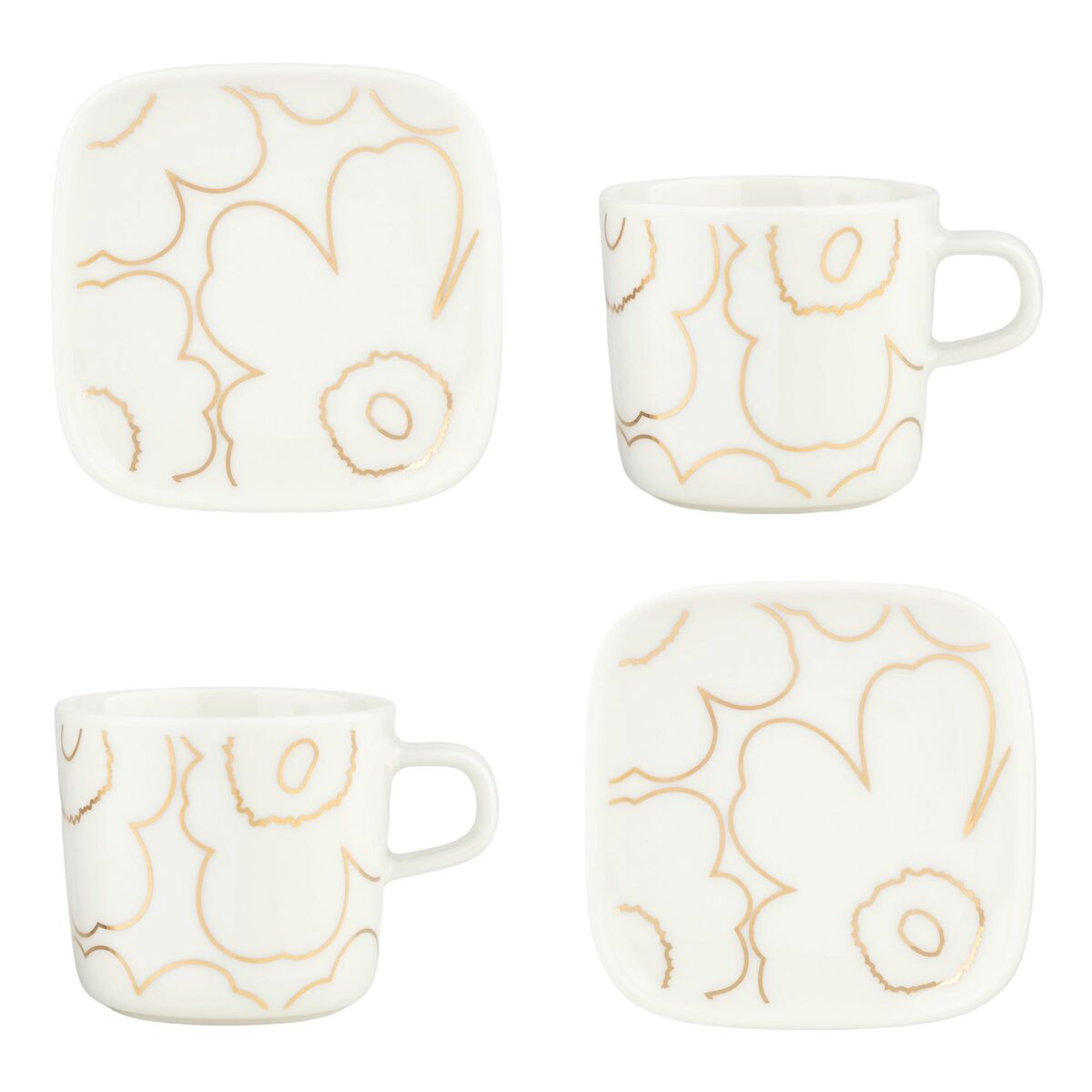 Unikko kaffekopp med fat 4 deler, hvit/gull
