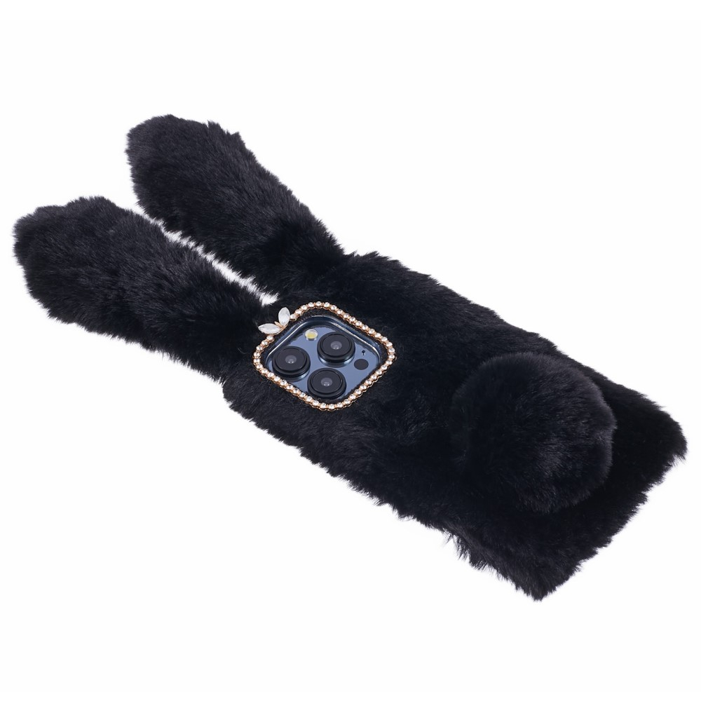 iPhone 15 Pro 3D Gummi Plüsch Case Hülle Bunny mit Flauschigen Hasenohren - Schwarz