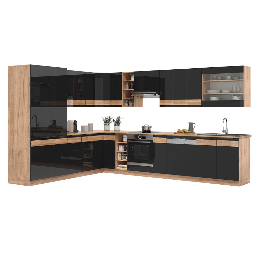 Vicco Eckküche Küchenblock Einbauküche Fame-Line Eiche Schwarz 257x347 cm modern Hochglanz Küchenschränke Küchenmöbel