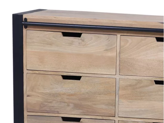Buffet avec 1 porte et 6 tiroirs en bois de manguier et métal - Naturel et noir - HARLEM II