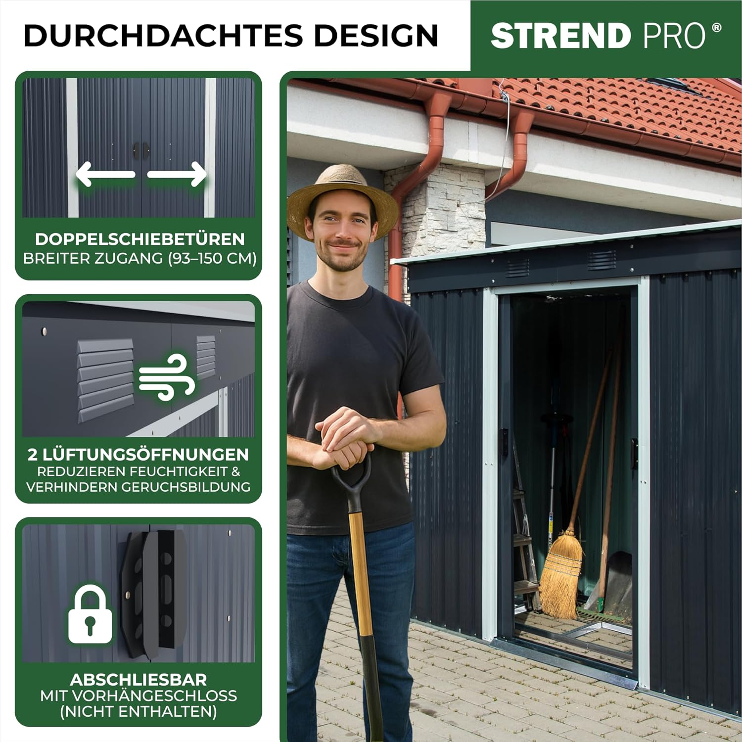 STREND PRO Metall Gartenhaus mit Unterbau, Anthrazit, 205 x 96 x 174 cm | Solide & Langlebig | Geräteschuppen mit 2 Schiebetüren | Garten gerätehause | Gartenlaube | Blechhütte | Fahrradgarage