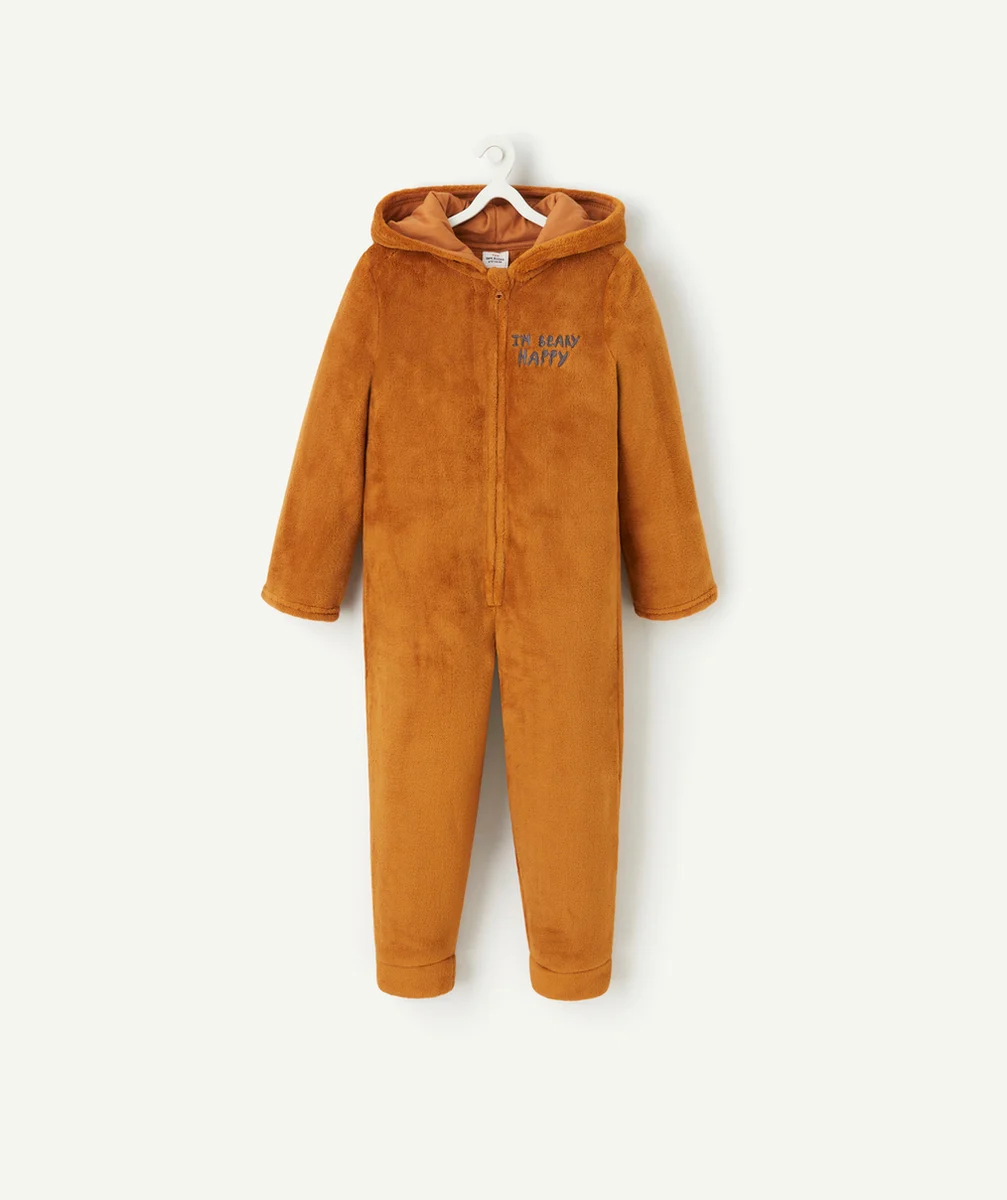 SURPYJAMA POLAIRE GARÇON EN FIBRES RECYCLÉES MARRON À CAPUCHE AVEC OREILLES