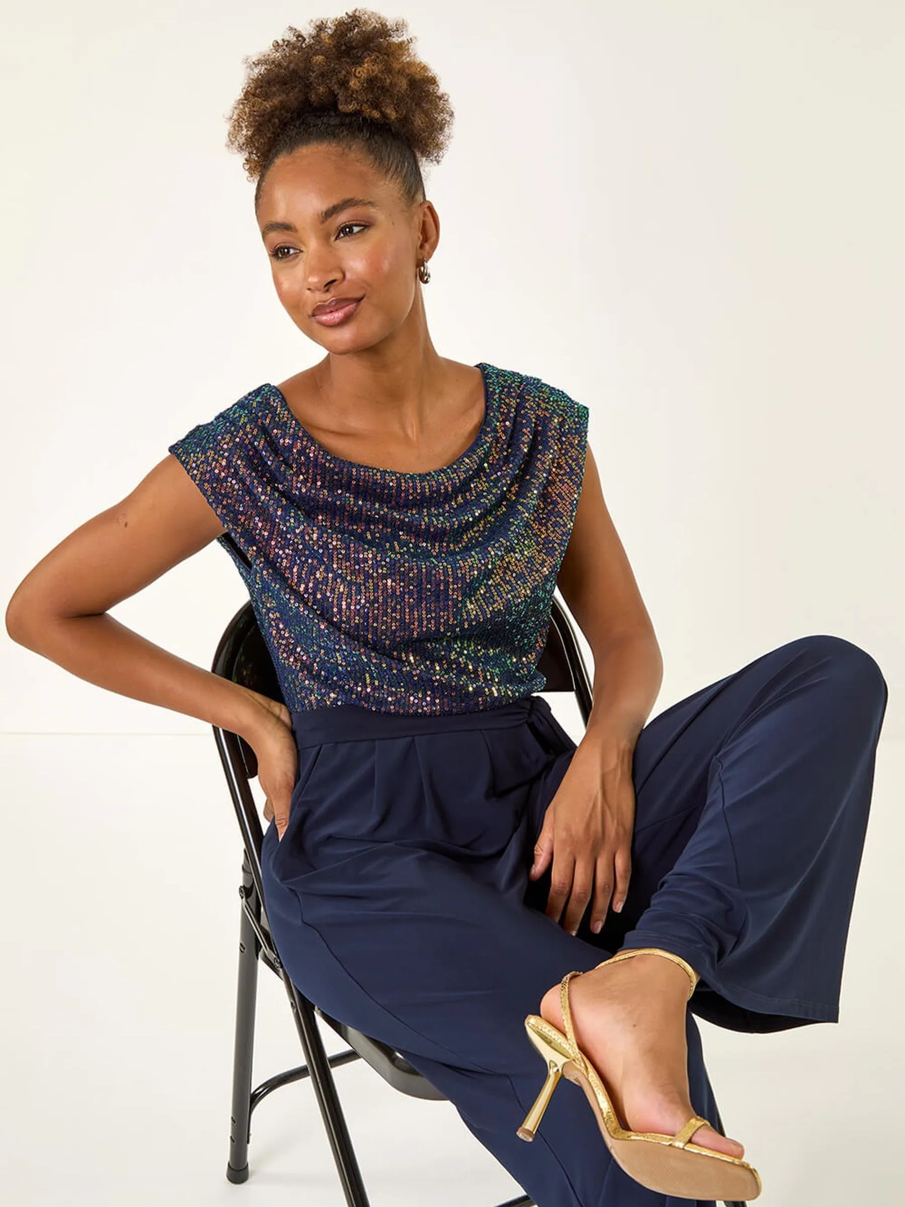 Blauw - Roman Paillettenlijfje met Watervalhals Jumpsuit
