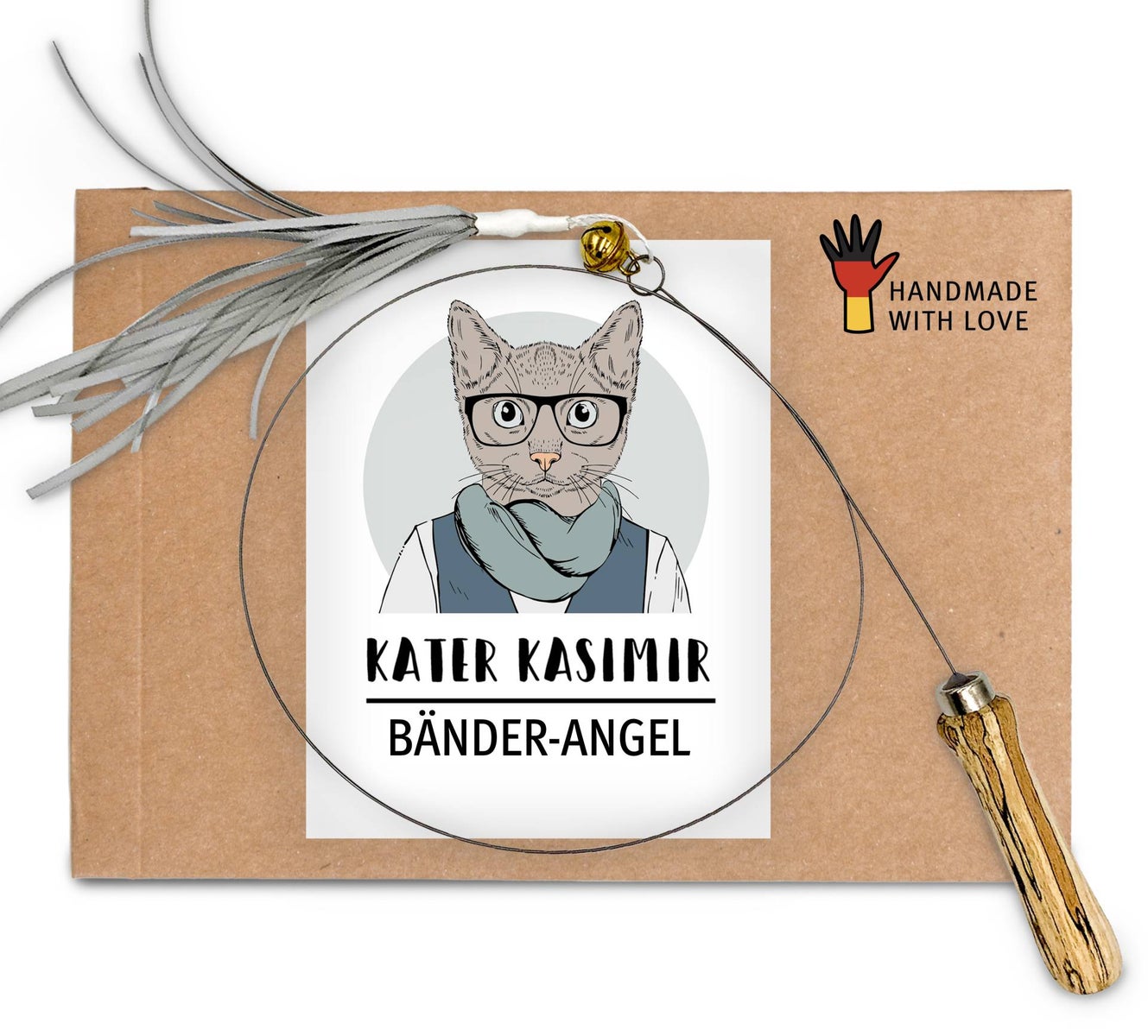 Premium kattenhengel met leuke lintjes. Lange speelgoedhengel met stevig draad en houten handvat. Met liefde handgemaakt in Duitsland.