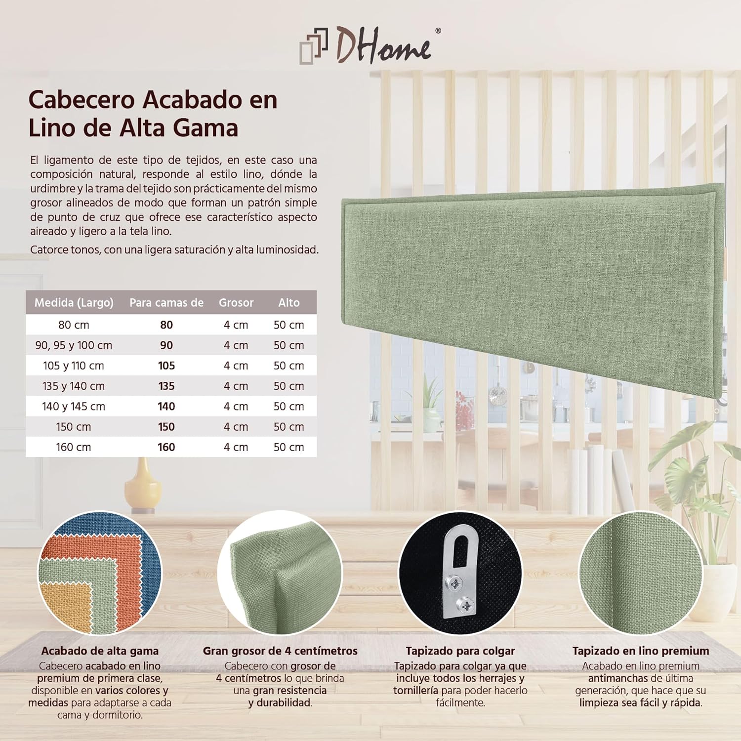 DHOME Plain Natural Leinen Kopfteil mit Einfassung gepolstertes Kopfteil Bett Modernes Schlafzimmer TOP Trending (Grün, 150cm (Betten 150/160))