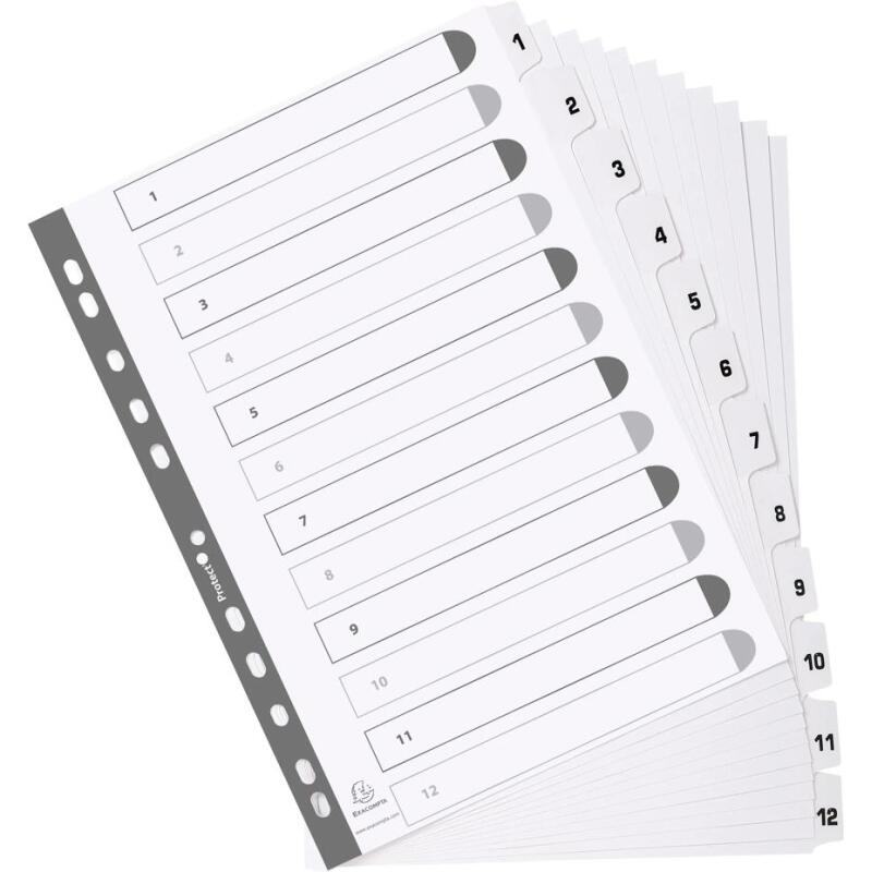 Intercalaires imprimés à touches plastifiées - 12 touches 1 à 12 - A4 - Blanc