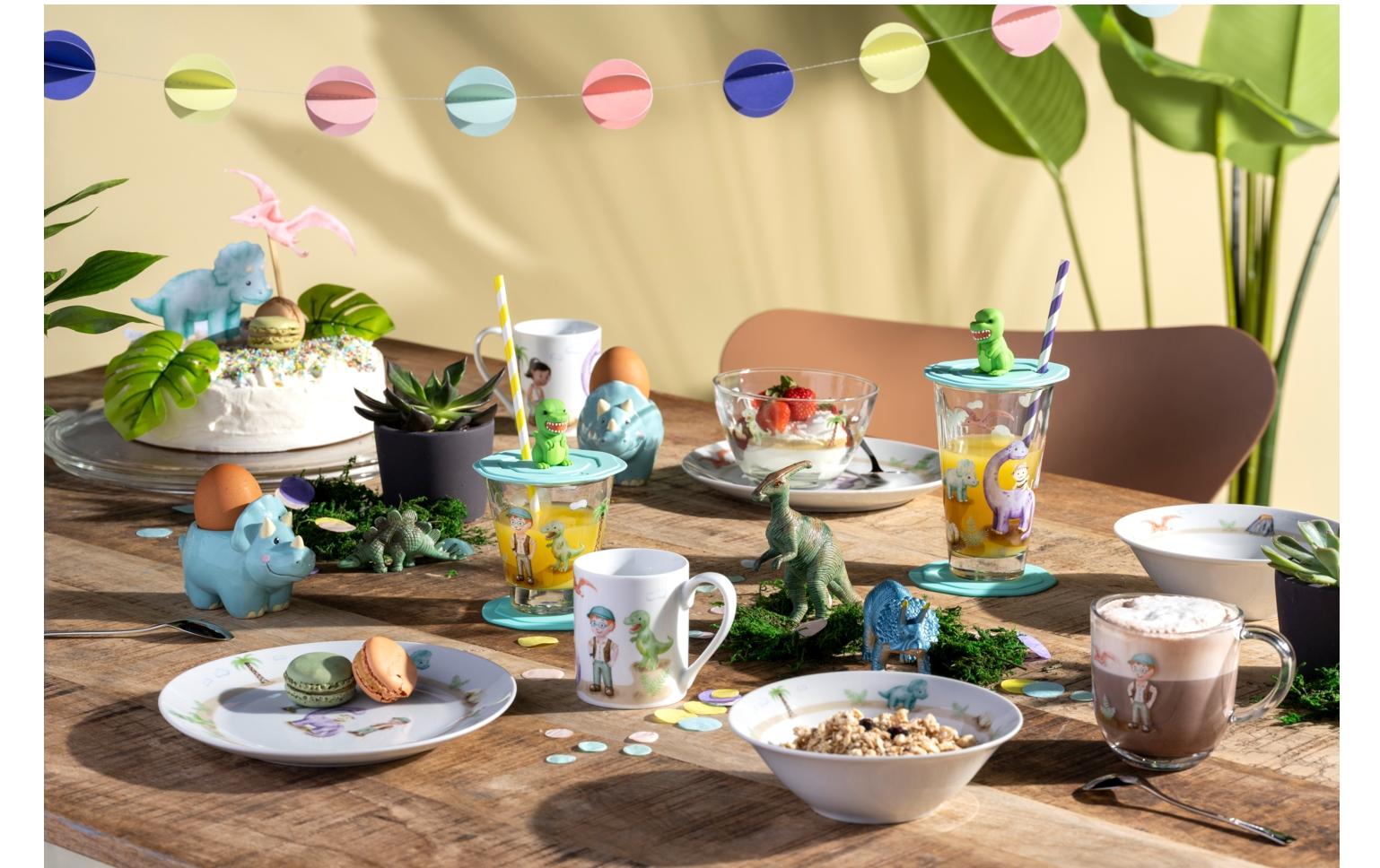Kindertrinkglas Avventura 300 ml, 3-teilig, DinosaurierTrinkglas für Kinder mit Deckel und Untersetzer