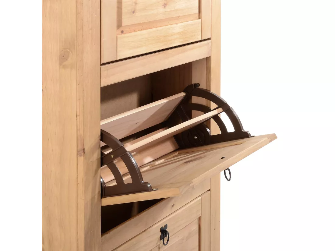 Meuble à chaussures TEQUILA style mexicain armoire à chaussures avec 3 abattants, en pin massif finition teintée et cirée