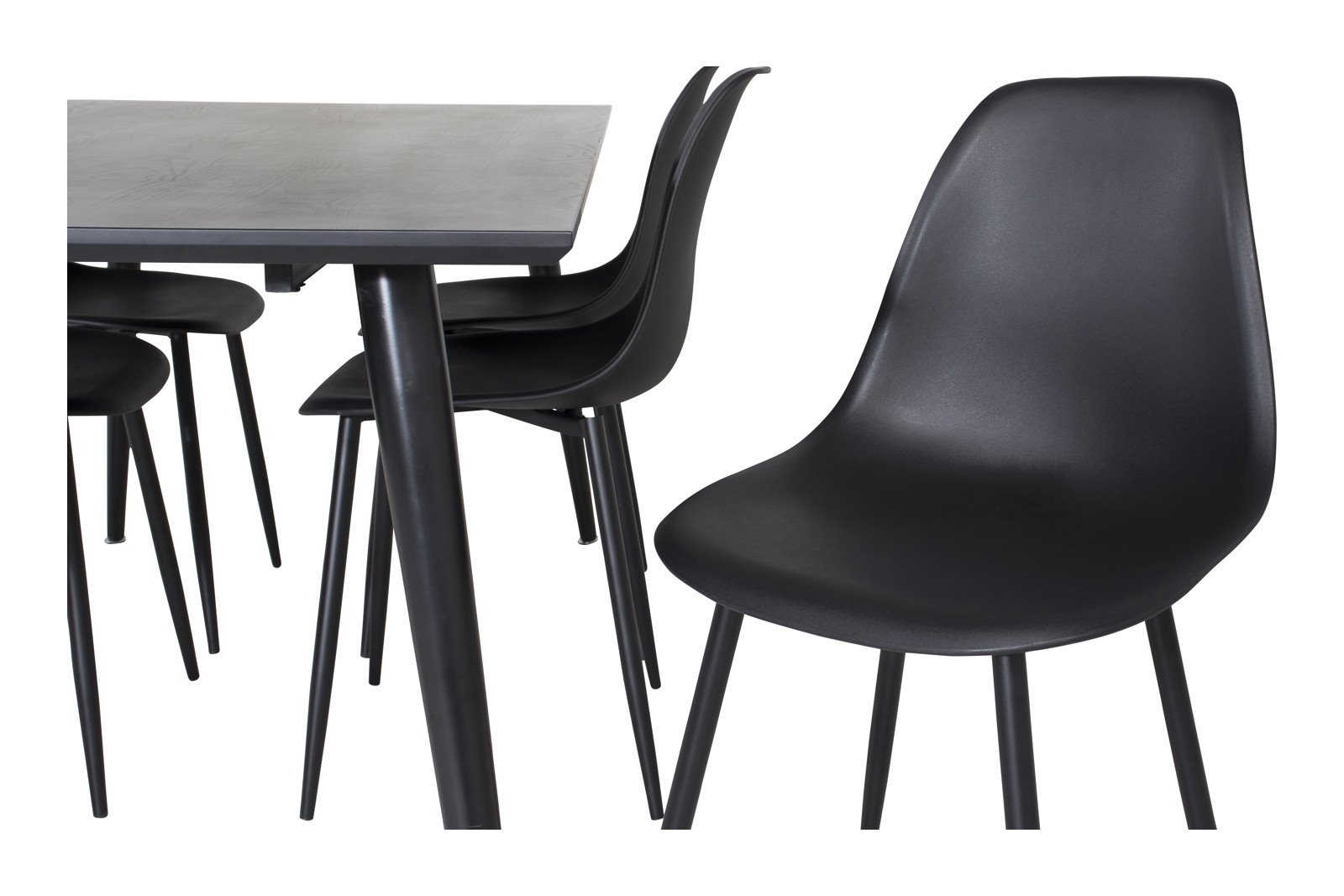 Dipp og Polar Spisegruppe Dipp spisebord i sort finér med 6 stk. Polar spisestoler i Sort og sorte ben.