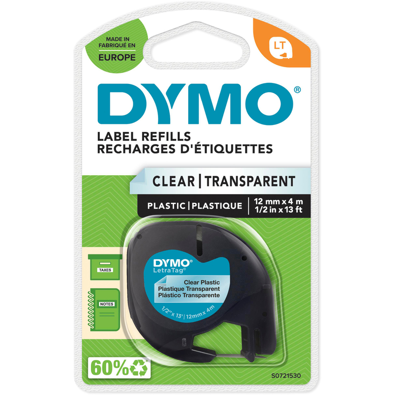 Dymo Beschriftungsband LetraTag, S0721530, 12 mm, schwarz auf transparent