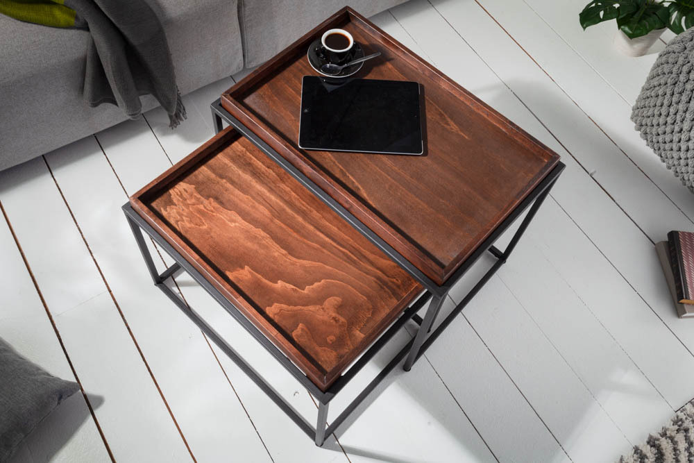 Industrial 2er Set Couchtisch ELEMENTS 60cm Mocha Buche abnehmbares Tablett