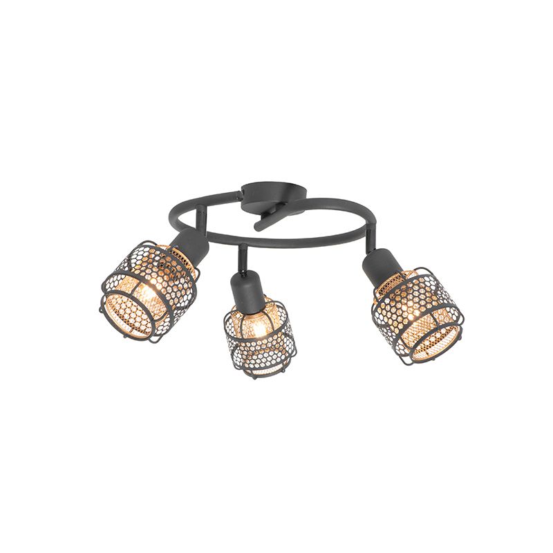 Design plafondlamp zwart met goud 3-lichts rond - Noud