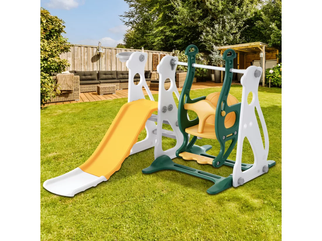 Toboggan pour enfants 4 en 1 - Convient pour l'intérieur et l'extérieur - avec balançoire, cadre de basket, toboggan, échelle - Vert