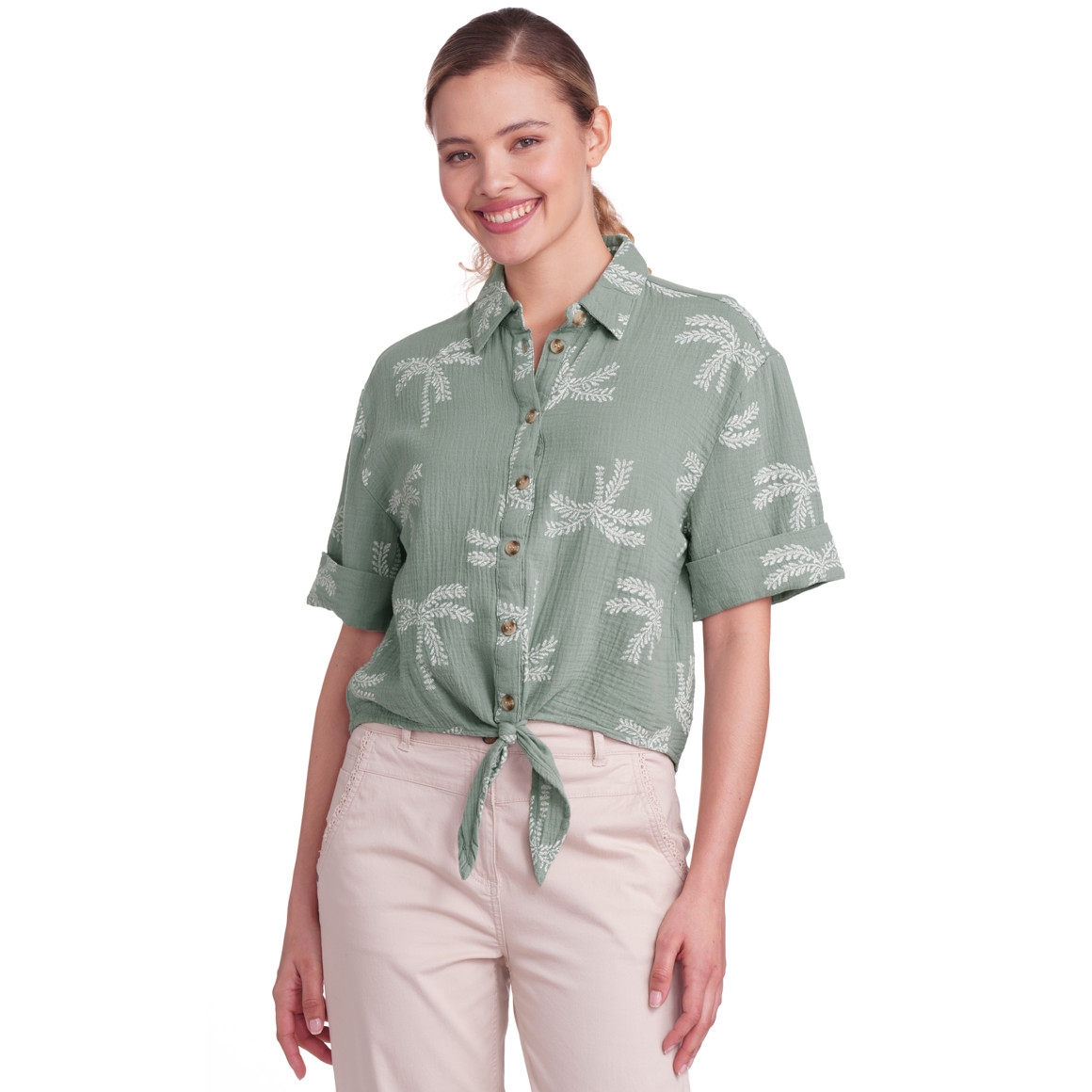 Gina Damen Musselin-Bluse mit Allover-Muster salbei
