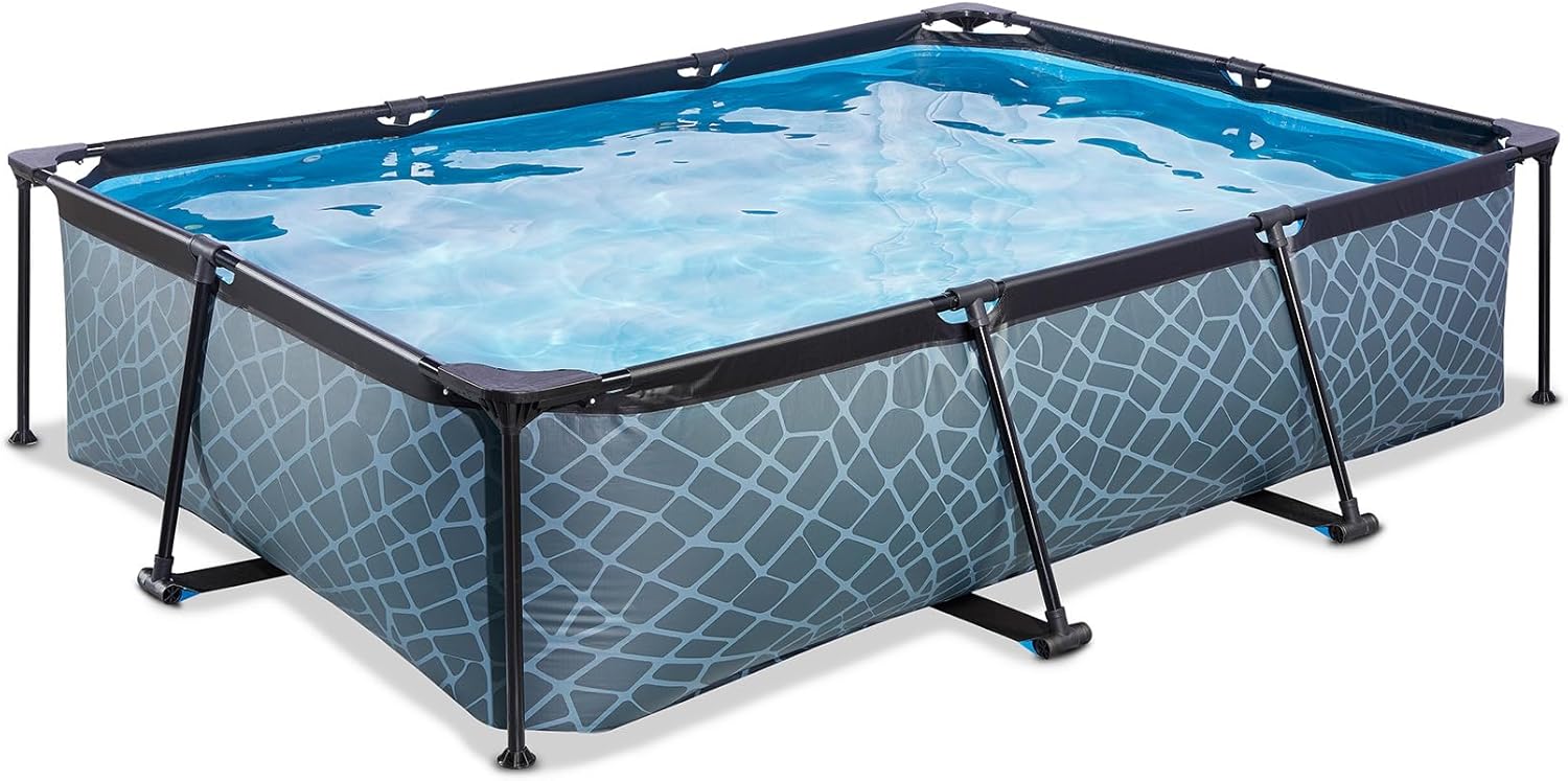 EXIT Toys Stone Pool - 300x200x65cm - Rechteckiger, Kompakter Rahmenpool mit Kartuschenfilterpumpe - Leicht Zugänglich - Für Kleinkinder Geeignet - Starker Rahmen - Einzigartiges Design - Grau
