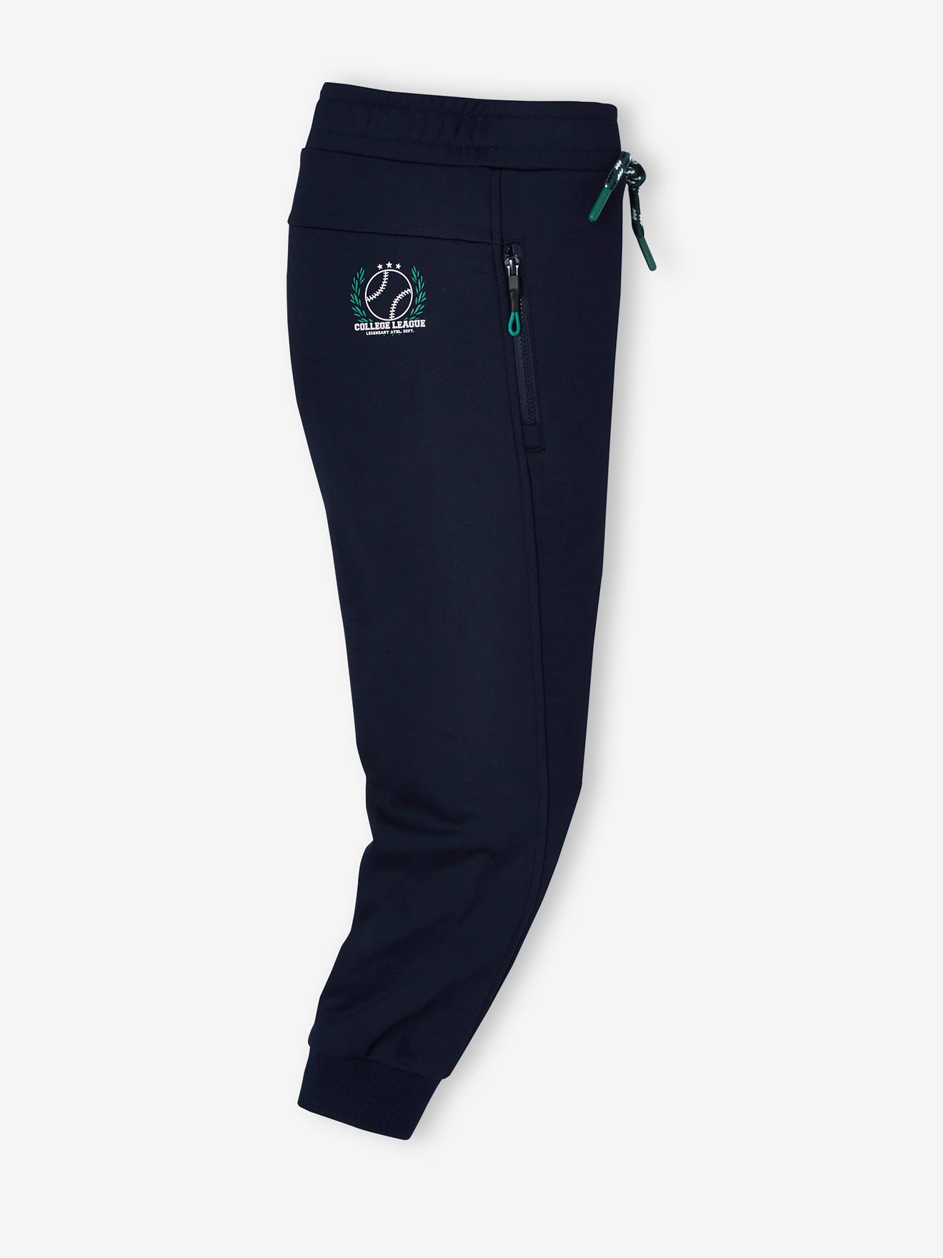 Calças esportivas infantis, em tecido técnico azul-escuro liso com estampas.