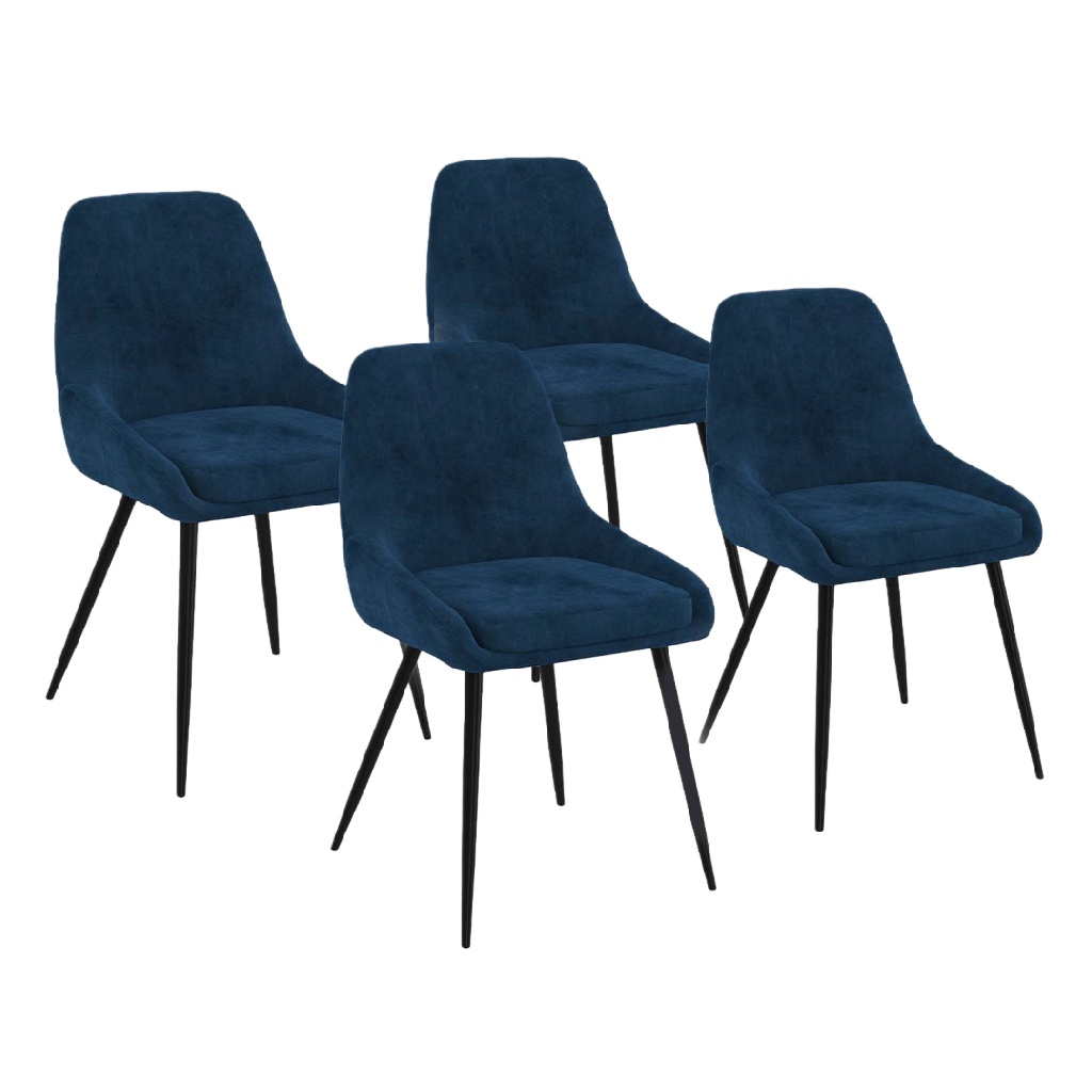 Lot de 4 chaises de salle à manger en velours bleu marine – Pieds en métal noir – Style moderne scandinave